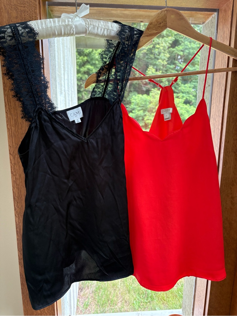 J. Crew Red Scalloped Silk Camisole and Black Lace-Trim Camisole